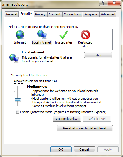 Setting the security level for local intranet to medium-low